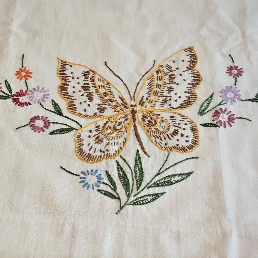 VTG Butterfly Hand Embroidered Pillowcases Cotton Pair Cottagecore Floral
